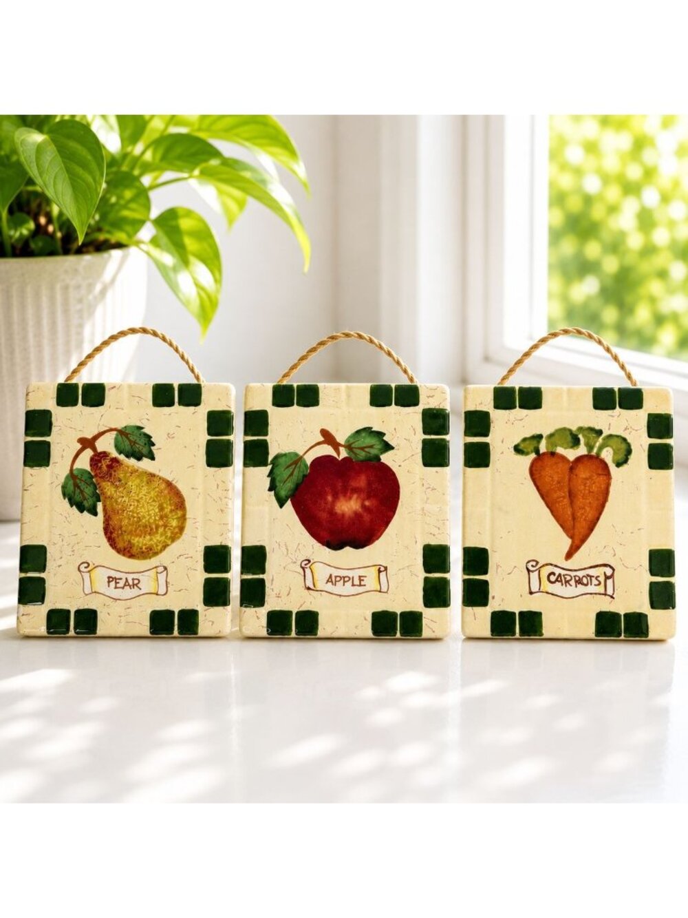 Vintage Fruit & Vegetable Ceramic Wall Plaque Set Cottage Farmhouse Kitchen Deco
